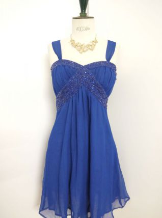 Robe de soirée bleu électrique strass noeud fluide