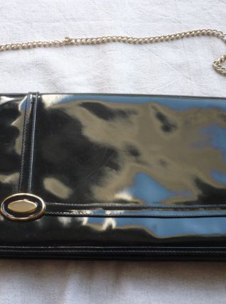 Pochette vintage femme cuir noir chaine doree