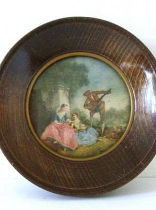 ancienne gravure sous verre cadre rond en bois la leçon de musique de Lancret