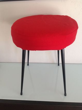 Tabouret rond vintage rouge et pieds compas noirs