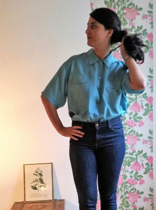 Huguette - chemisier manches courtes en soie bleu