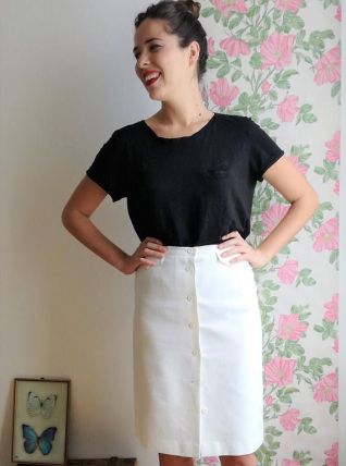 Célestine - Jupe blanche boutonnée vintage longueur genou
