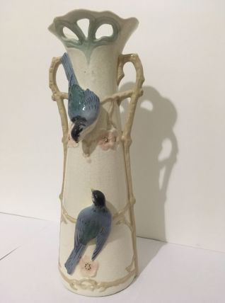 Vase mésanges bleues en céramique craquelée