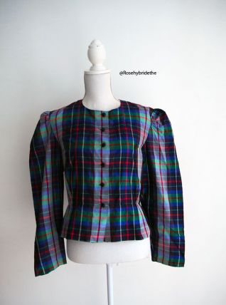 Chemisier peplum motif tartan épaules bouffantes vintage 50'