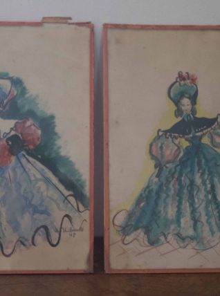 Paire de dessin d'élégantes 