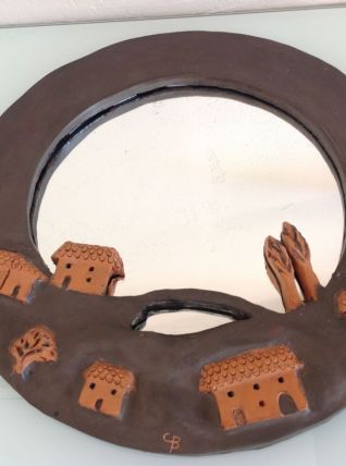 Miroir rond vintage avec cadre en céramique signée CB