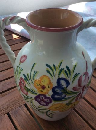 Joli vase en faïence avec anses torsadées français vintage