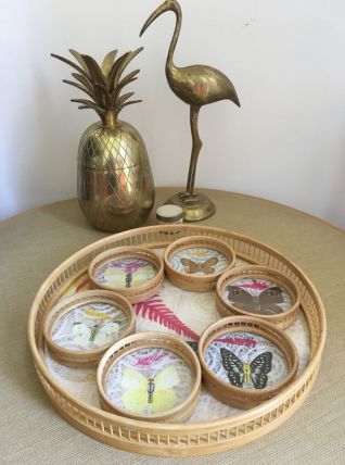 PLATEAU ET SOUS-VERRE PAPILLONS 70'S VINTAGE