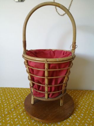 travailleuse en rotin clair et tissus vintage