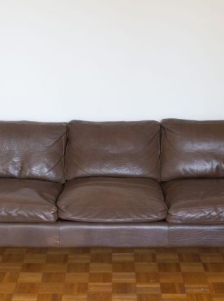 Canapé 3 places vintage cuir marron scandinave années 1970s
