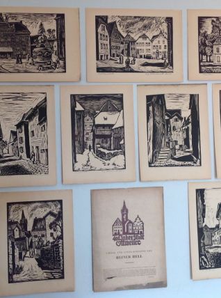 Serie de neuf gravures en noir et blanc vintage 1950