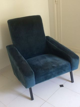 Fauteuil vintage en velours bleu canard