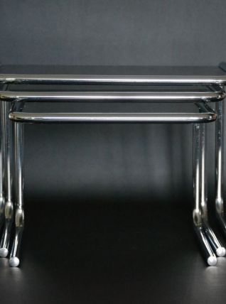 Tables gigognes structure chromée et plateaux verre fumé 197