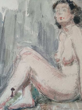 Aquarelle signée Félicie Engrand - Nu féminin assis