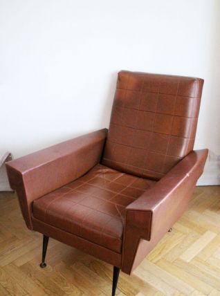 Fauteuil skaï marron pieds compas 1950's