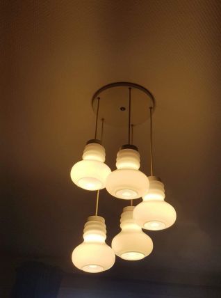 suspension plafonnier RARE 5 globes en cascade verre opaline