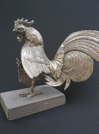 Sculpture de coq de combat en métal argenté