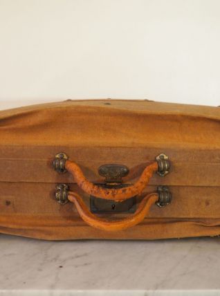 Valise à soufflets d'époque en tissu et lanières de cuir