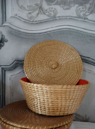 Vintage rotin boites à coudre ronde avec couvercle 