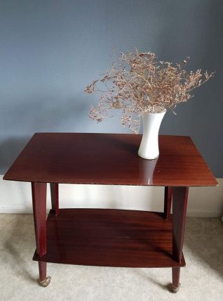 table tv vintage à roulettes et 2 tablettes années 60 vernie