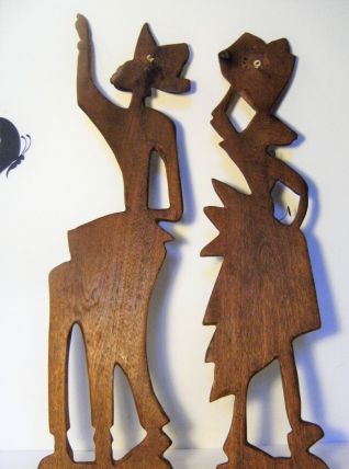 2 statuettes plates murales bois exotique art Africain 50/70