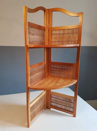 étagère d'angle bois et rotin vintage pliable des années 70