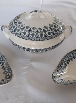 Soupière et 2 raviers en demi porcelaine Badonviller