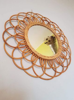 Miroir Soleil Rotin Vintage forme de fleur