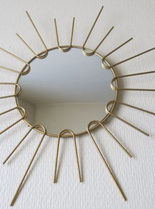 Ancien miroir soleil sorcière metal doré a l'or fin 50s