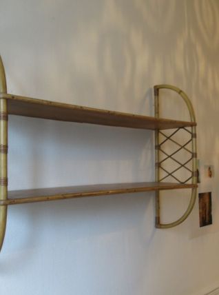Grande étagère murale rotin &amp; bois 60s TBE