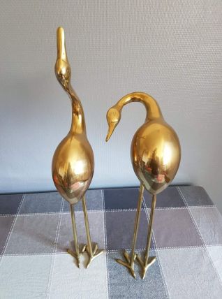 couple de grandes statuettes échassiers en laiton 
