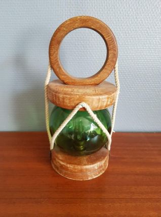 lampe vintage lanterne de pêcheur, globe verre, bois, corde