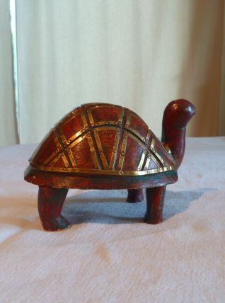 tortue bois peint et laiton inde vintage 