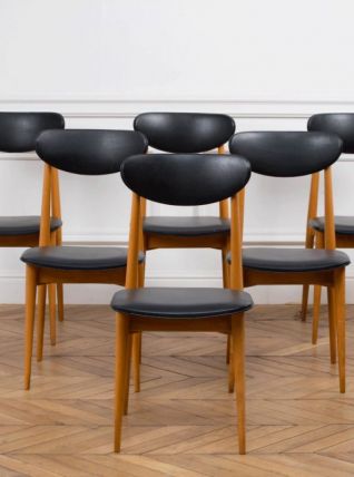 Série de 6 chaises vintage en chêne doré et skaÏ.