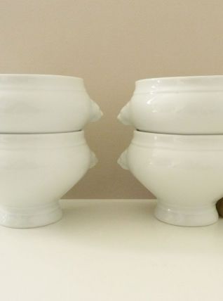 4 bols en porcelaine anses tête de lions, soupe à l'oignon
