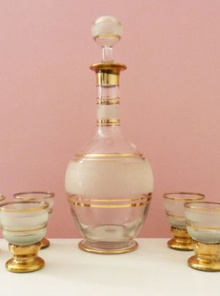 Magnifique service à liqueurs en verre granité blanc 