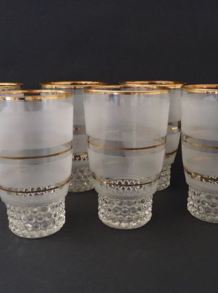 6 verres anciens en verre granité et liseré doré