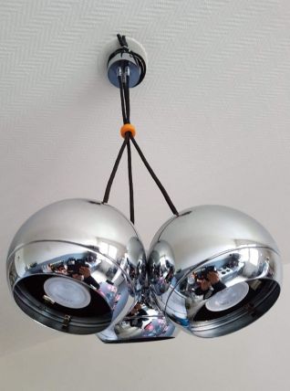 suspension 3 boules chromées et câbles textile noir 
