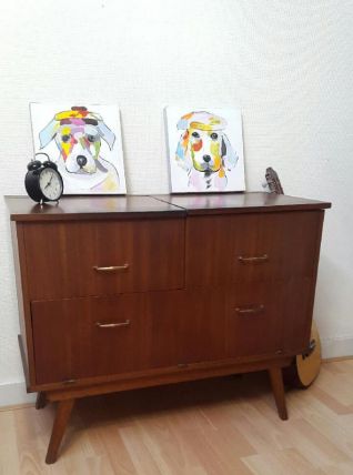 Commode vintage pieds compas,meuble pour vinyles ou hifi
