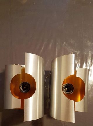 paire d'appliques vintage métal brossé et intérieur orange 