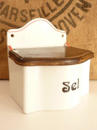 Jolie boîte à sel en céramique blanche et rouge et couvercle