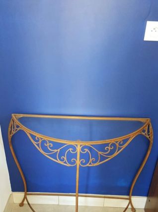 console demi-lune métal marron et plateau en verre vintage