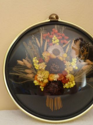 Cadre fleurs séchées, verre bombé, vintage