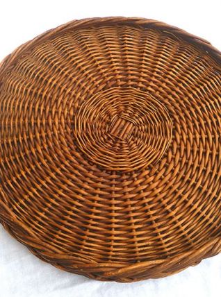 plateau de service rond en osier tressé, vintage