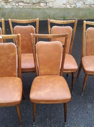  superbe chaise vintage en skaï marron liseré blanc