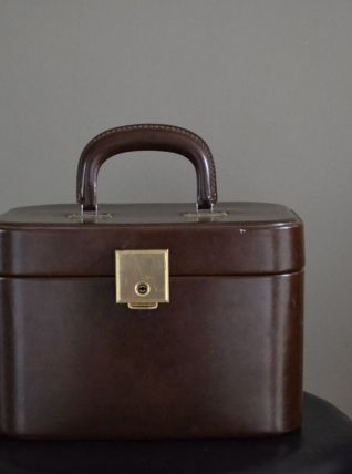 Vanity case vintage en cuir avec tissu écossais et miroir à 