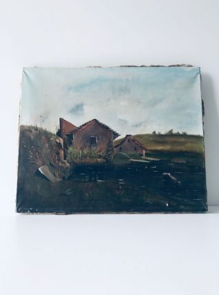 Peinture sur toile 1900, paysage d’alpage