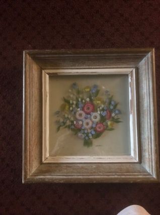 Peinture florale sur verre, signée Decbel, Vintage Années 50