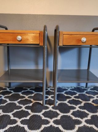 paire de chevets d'internat des années 50 métal gris et bois