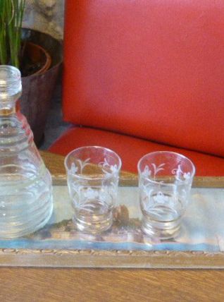 Service a liqueur vintage 1950, carafe, verres, plateau